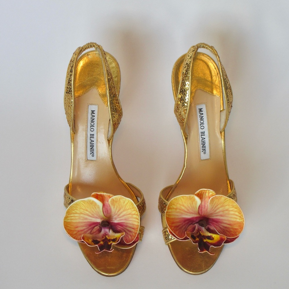 Manolo Blahnik Gold Orchid Embellished Heels - Picture 2 of 8